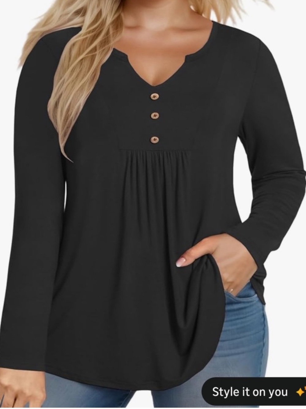 Plus-Size-Dressy-Tops V Neck Flowy Pleated Long Sleeve Tunic Fall